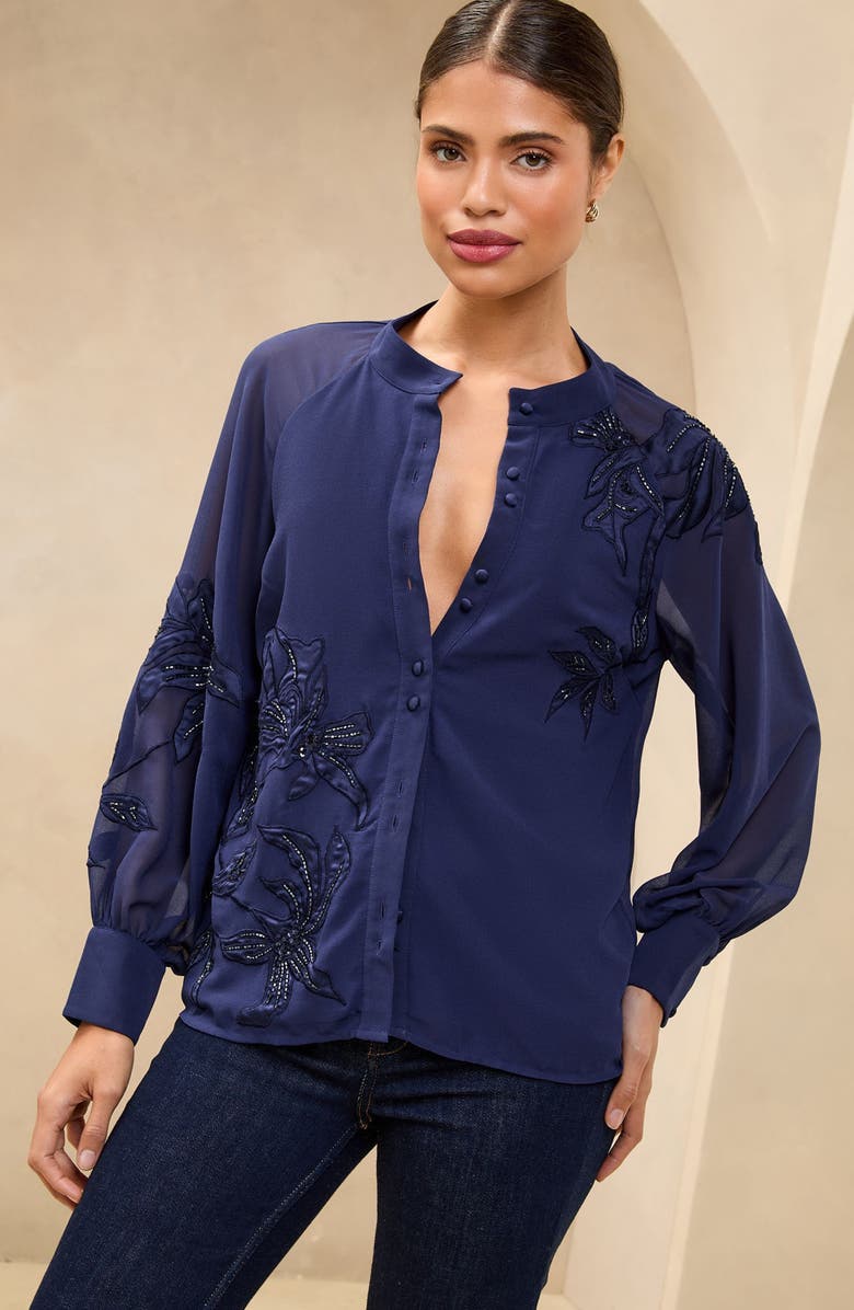Lipsy Floral Appliqué Band Collar Button-Up Shirt, Alternate, color, Navy