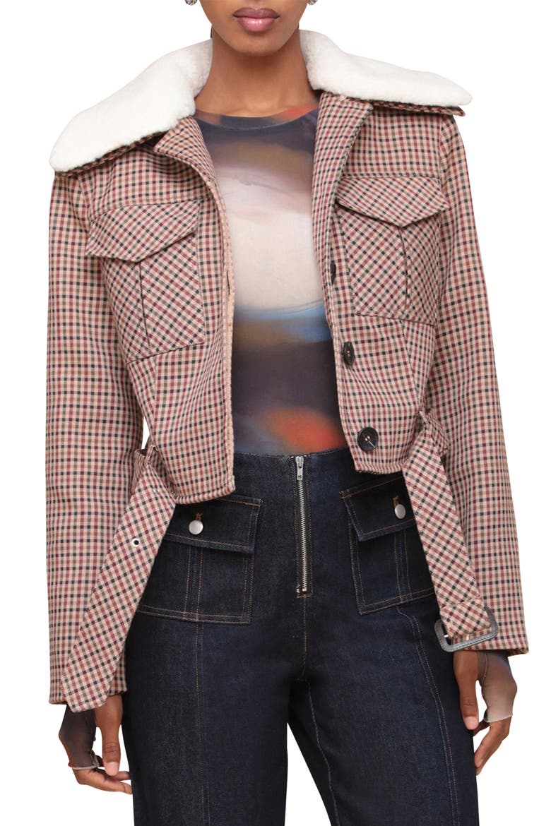 Padded Shoulder Belted Faux Shearling Collar Crop Jacket, Main, color, BROWN/ BURGUNDY PLAID