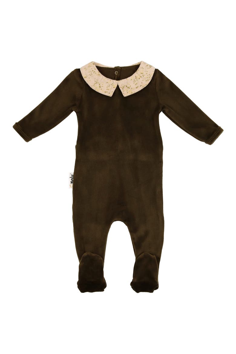 Floral Collar Velour Footie, Main, color, OLIVE GREEN