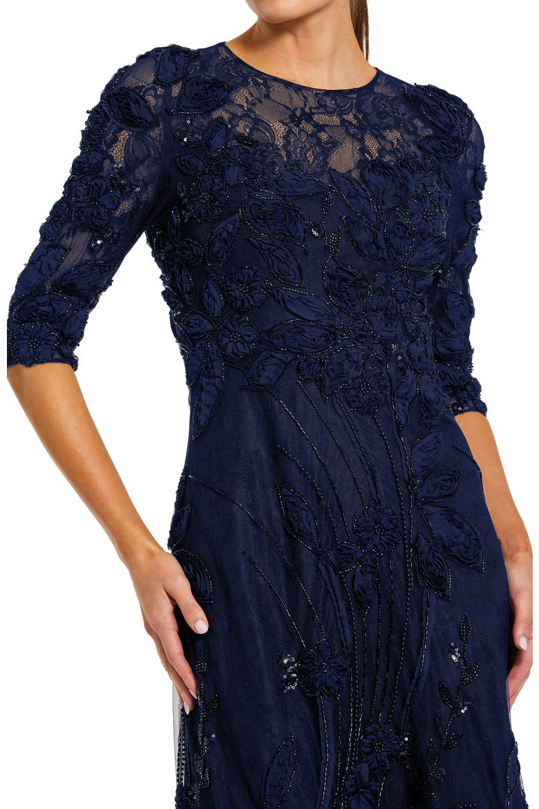 Petite High Neck Embellished Lace Gown with 3/4 Sleeves, Alternate, color, Navy