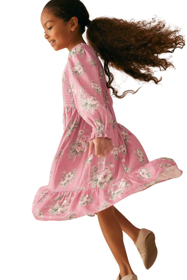 Kids' Smocked Long Sleeve Midi Dress, Alternate, color, PINK FLORAL