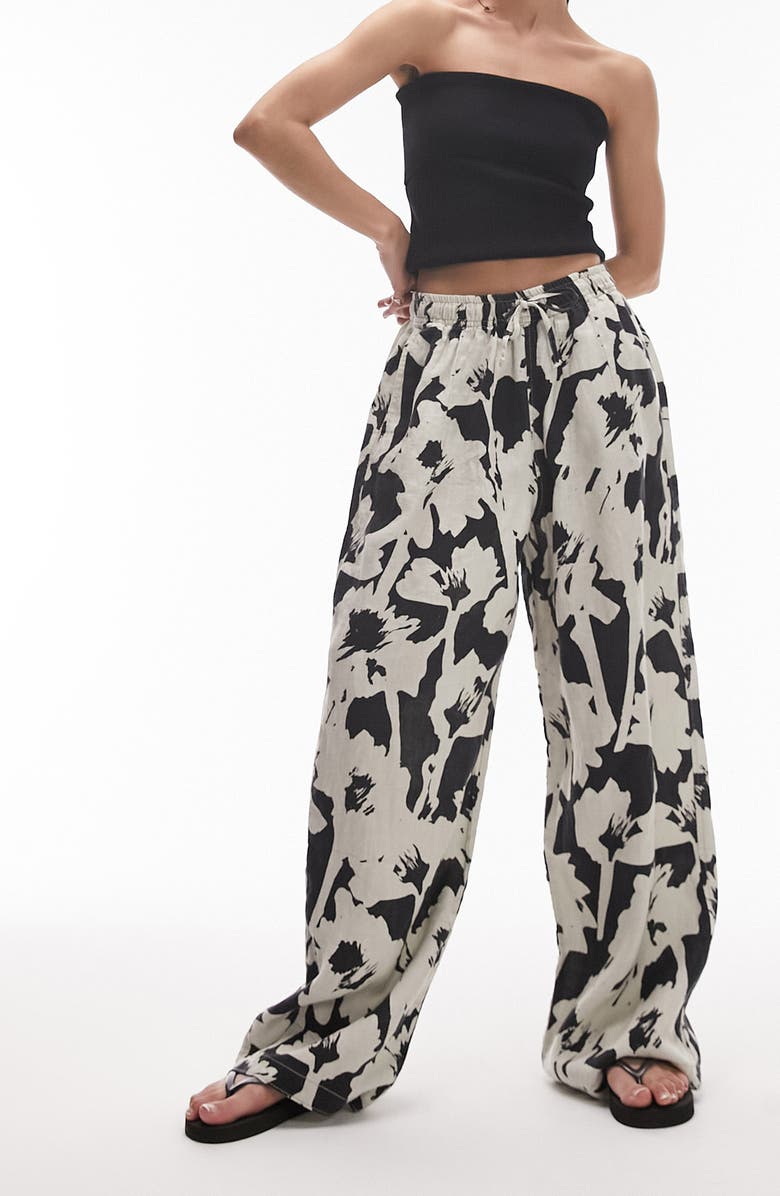 Topshop Floral Linen Drawstring Pants, Alternate, color, White Multi