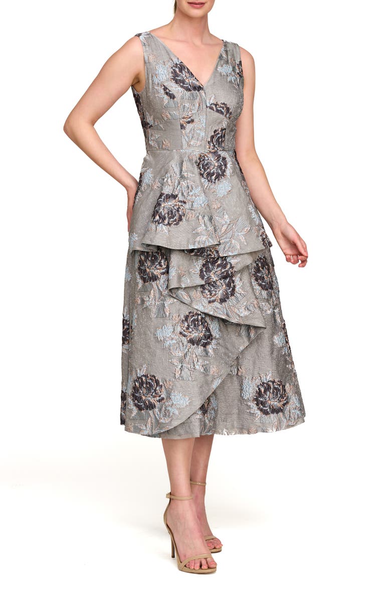 Kay Unger Elsie Metallic Floral Jacquard Ruffle Dress, Alternate, color, Grey