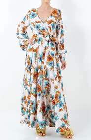 MEGHAN LA Lilypad Long Sleeve Wrap Maxi Dress