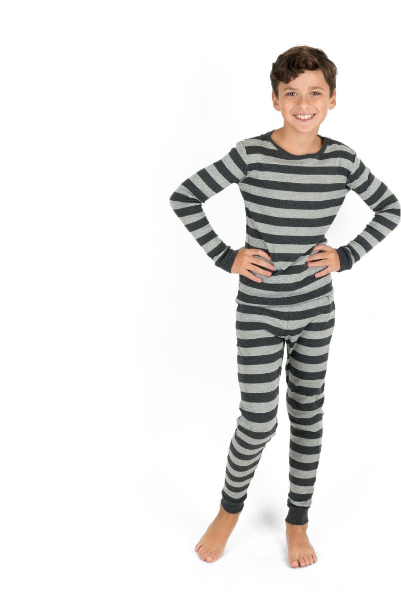 Leveret Kids Cotton Two-Piece Pajamas, Stripes, Solids & Tie Dye, Alternate, color, Striped Dark Gray & Light Gray