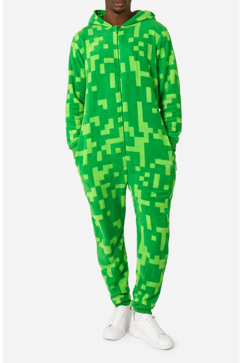 Creeper Minecraft™ Long Sleeve Hooded Fleece Jumpsuit, Main, color, GREEN