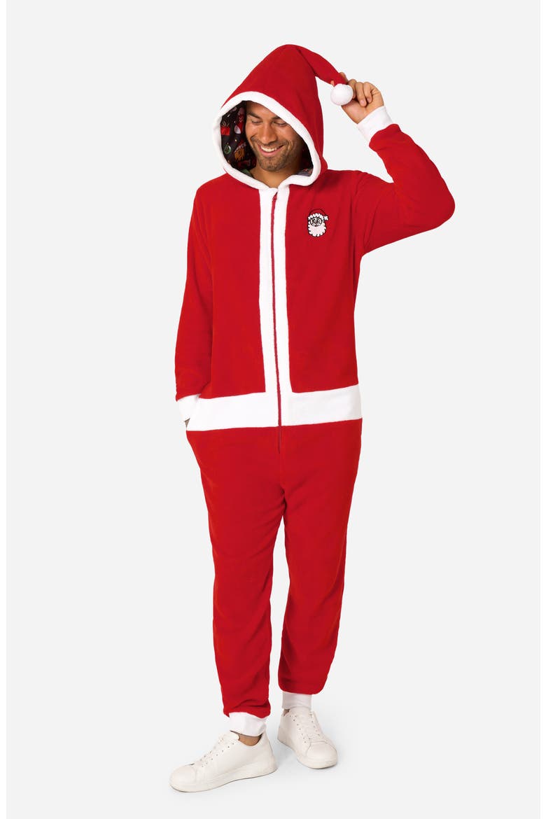 Merry Jinglejoy Holiday Hooded Fleece Costume Jumpsuit, Alternate, color, RED