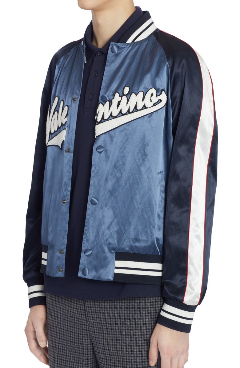 Valentino Garavani Embroidered Logo Satin Bomber Jacket, Alternate, color,