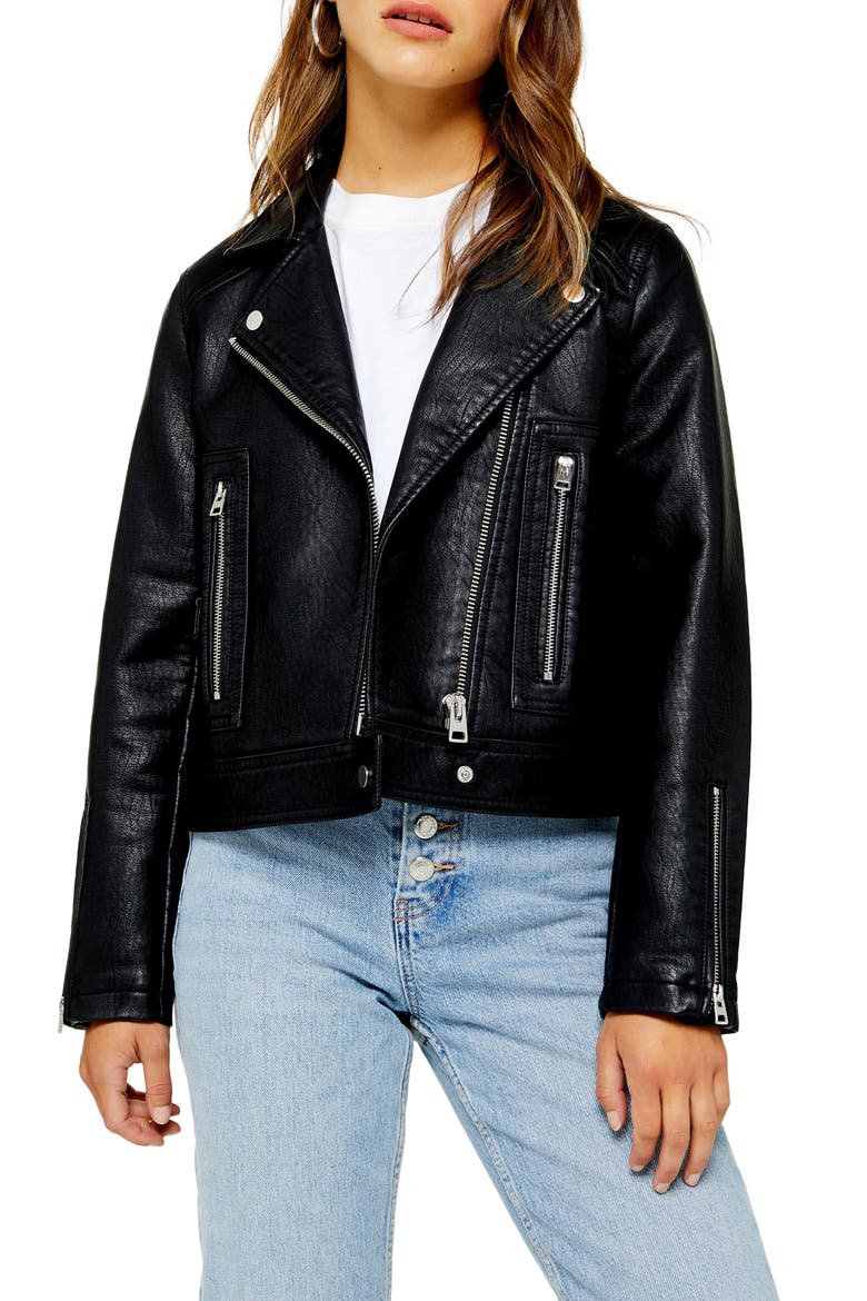 Teddy Faux Leather Biker Jacket, Main, color, BLACK