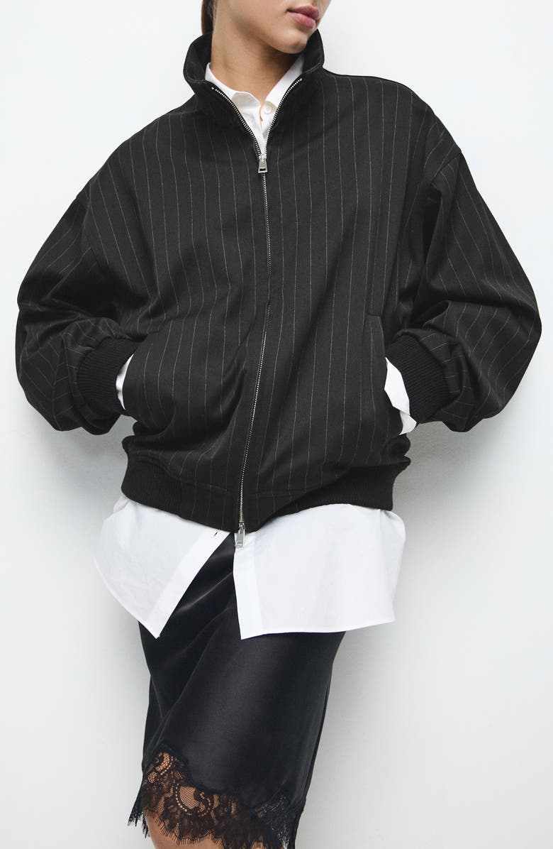 MANGO Pinstripe Bomber Jacket, Main, color, Black