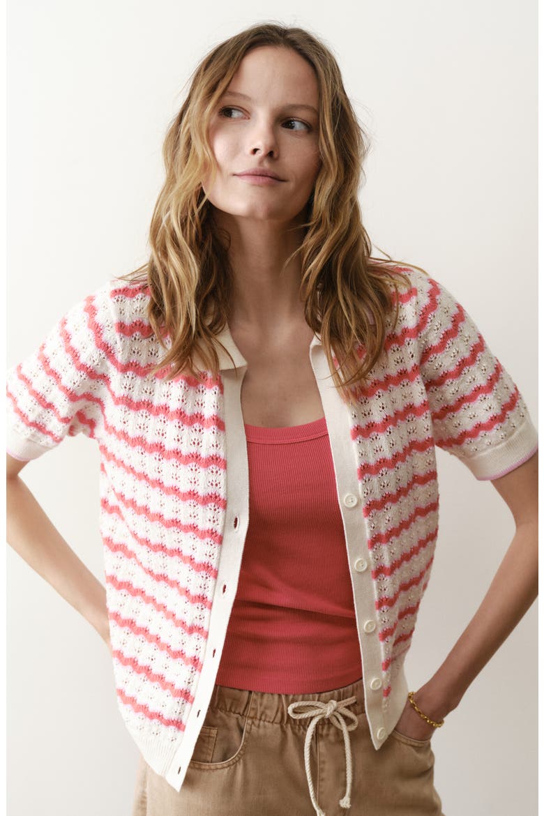 Piper Stripe Pointelle Stitch Cotton Button-Up Shirt, Alternate, color, WARM WAVE