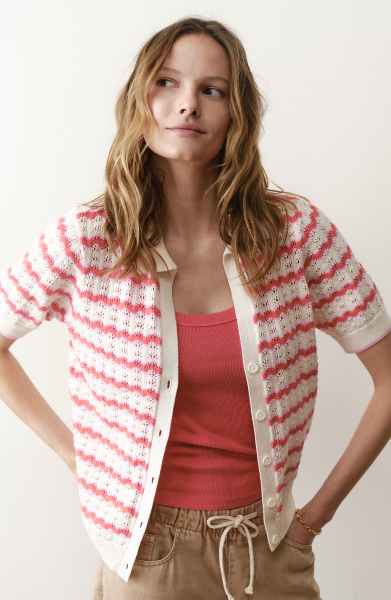 Marine Layer Piper Stripe Pointelle Stitch Cotton Button-Up Shirt, Alternate, color, Warm Wave