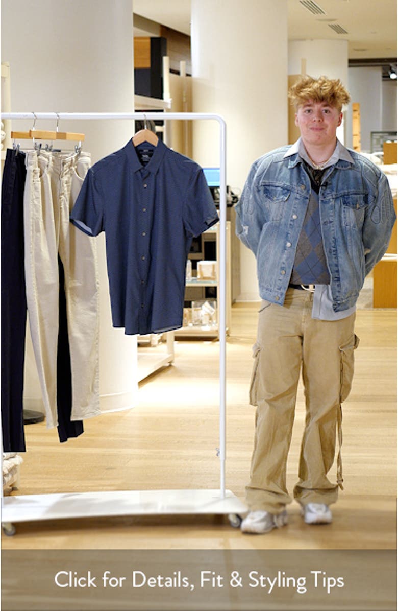 Linked Hexagon Geo Print Short Sleeve Performance Button-Up Shirt, sales video thumbnail