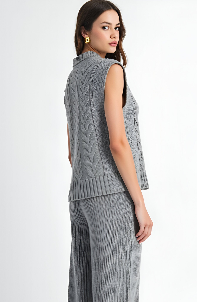 Modenaire Cable Knit Cap Sleeve Sweater Vest and Wide Leg Pants Set, Alternate, color, Grey