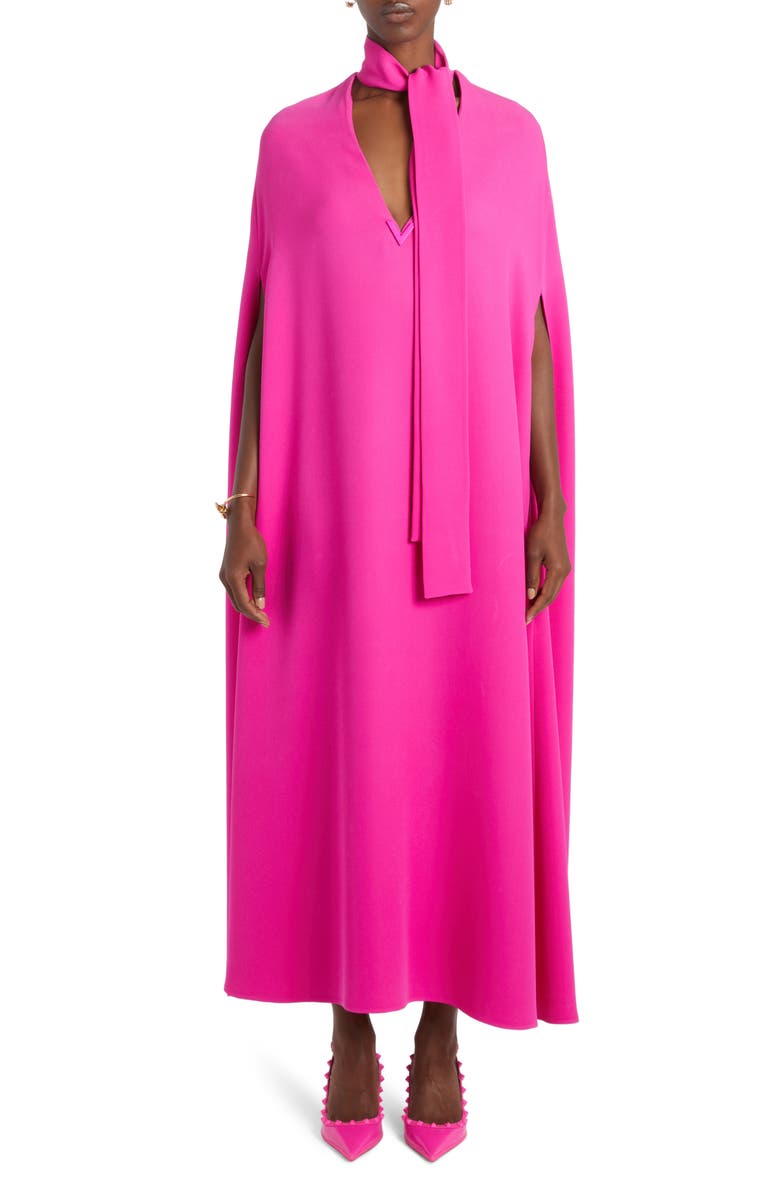 Valentino Garavani Tie Neck Silk Cape Dress, Main, color, 