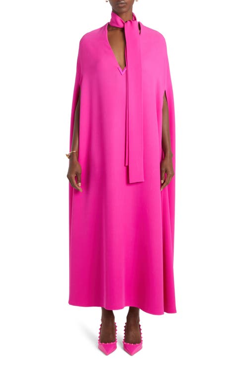Tie Neck Silk Cape Dress
