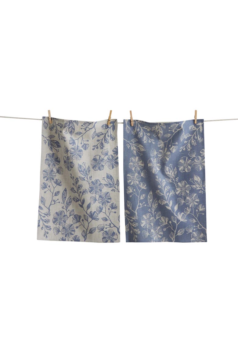 Canyon Print Floral Dishtowel S/2 Blue D Blue Denim Cotton Everyday, Main, color, Orange