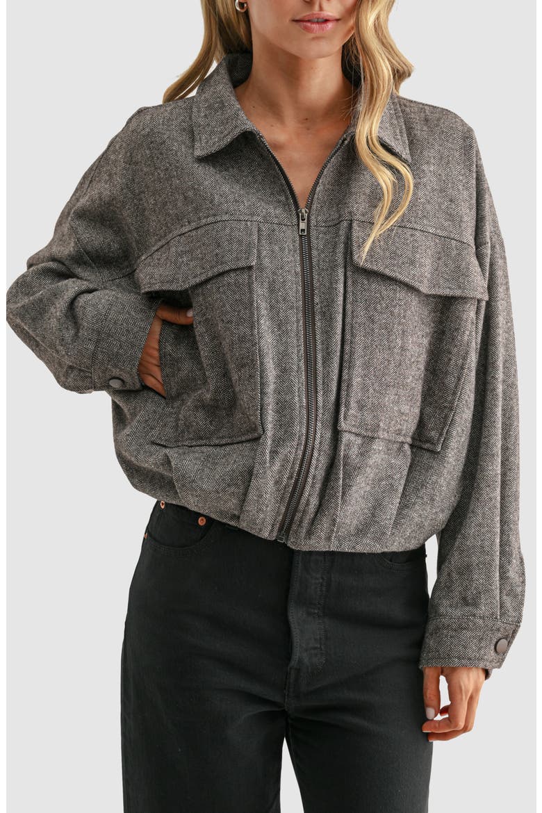 Herringbone Balloon Sleeve Bomber Jacket, Alternate, color, BROWN