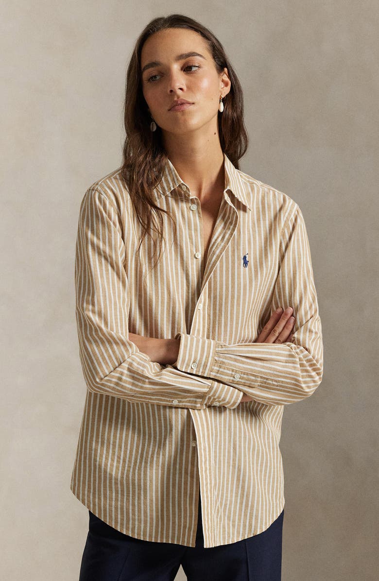 Polo Ralph Lauren Classic Fit Stripe Cotton & Linen Button-Up Shirt, Alternate, color, Classic Camel/White