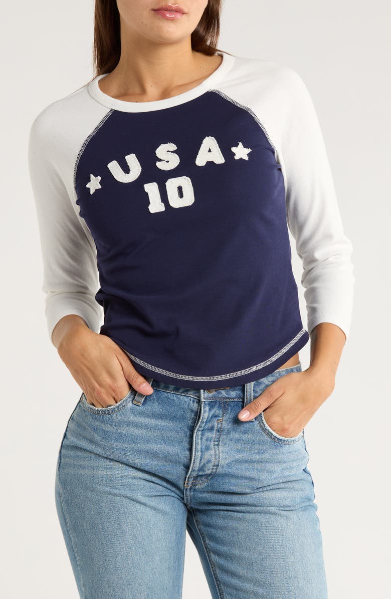 Madden Girl Patch Raglan Tee, Main, color, Navy/ Ivory