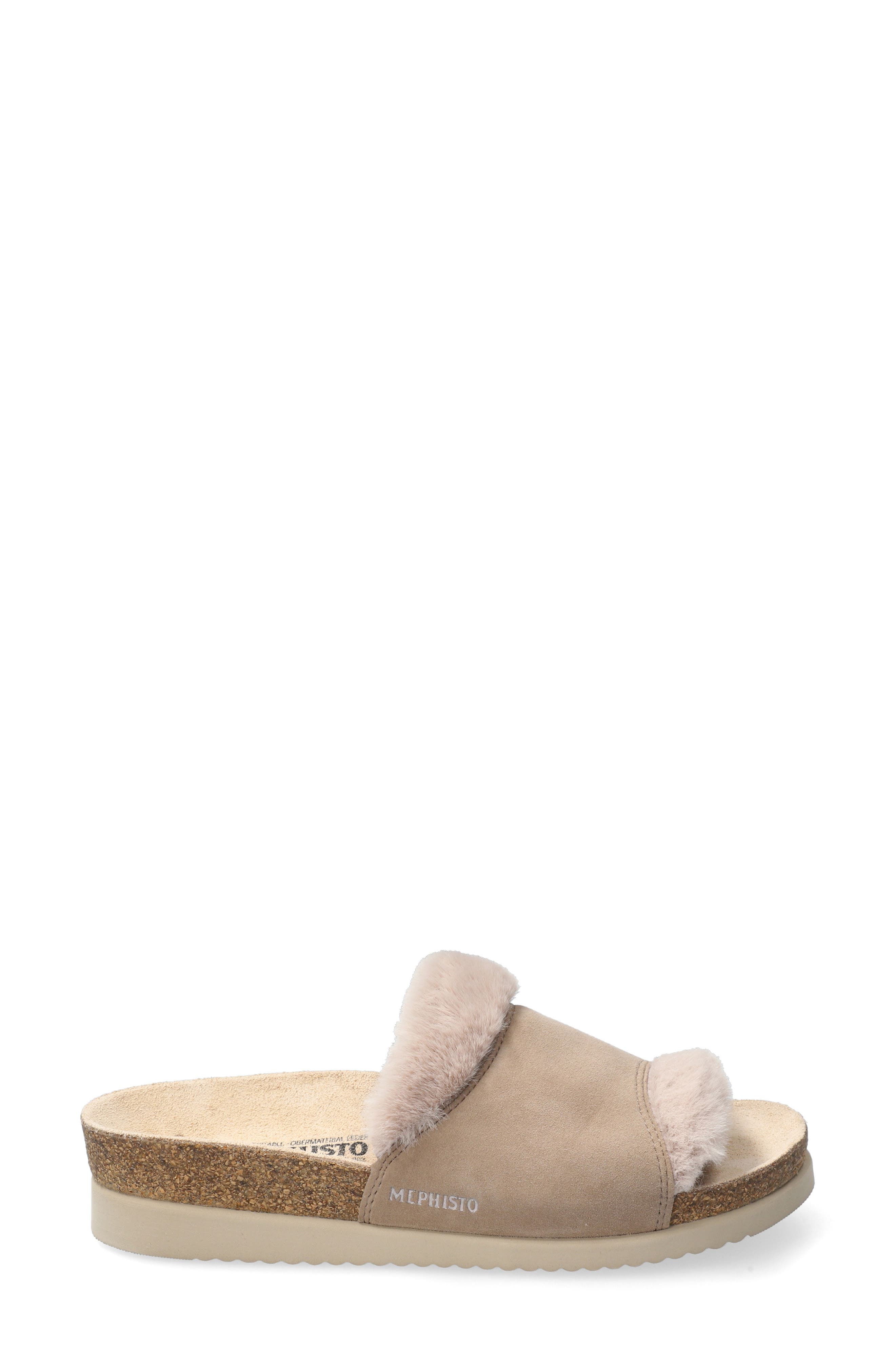 Mephisto Hemeline Faux Fur Slide Sandal, Alternate, color, Light Taupe