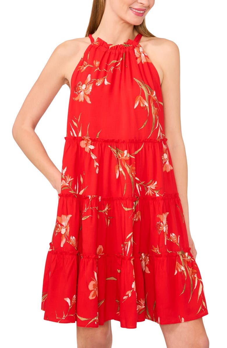 CeCe Tiered Halter Dress, Alternate, color, Fiery Red