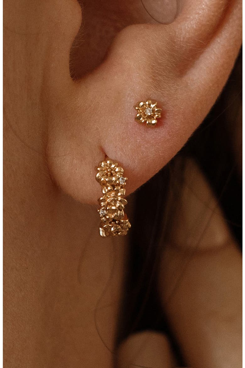 Cubic Zirconia Birthstone Flower Huggie Hoop Earrings, Alternate, color, GOLD MARCH