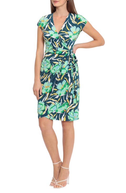 Floral Cap Sleeve Matte Jersey Wrap Dress