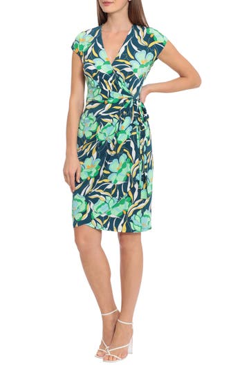 Maggy London Floral Cap Sleeve Matte Jersey Wrap Dress In Teal/mint