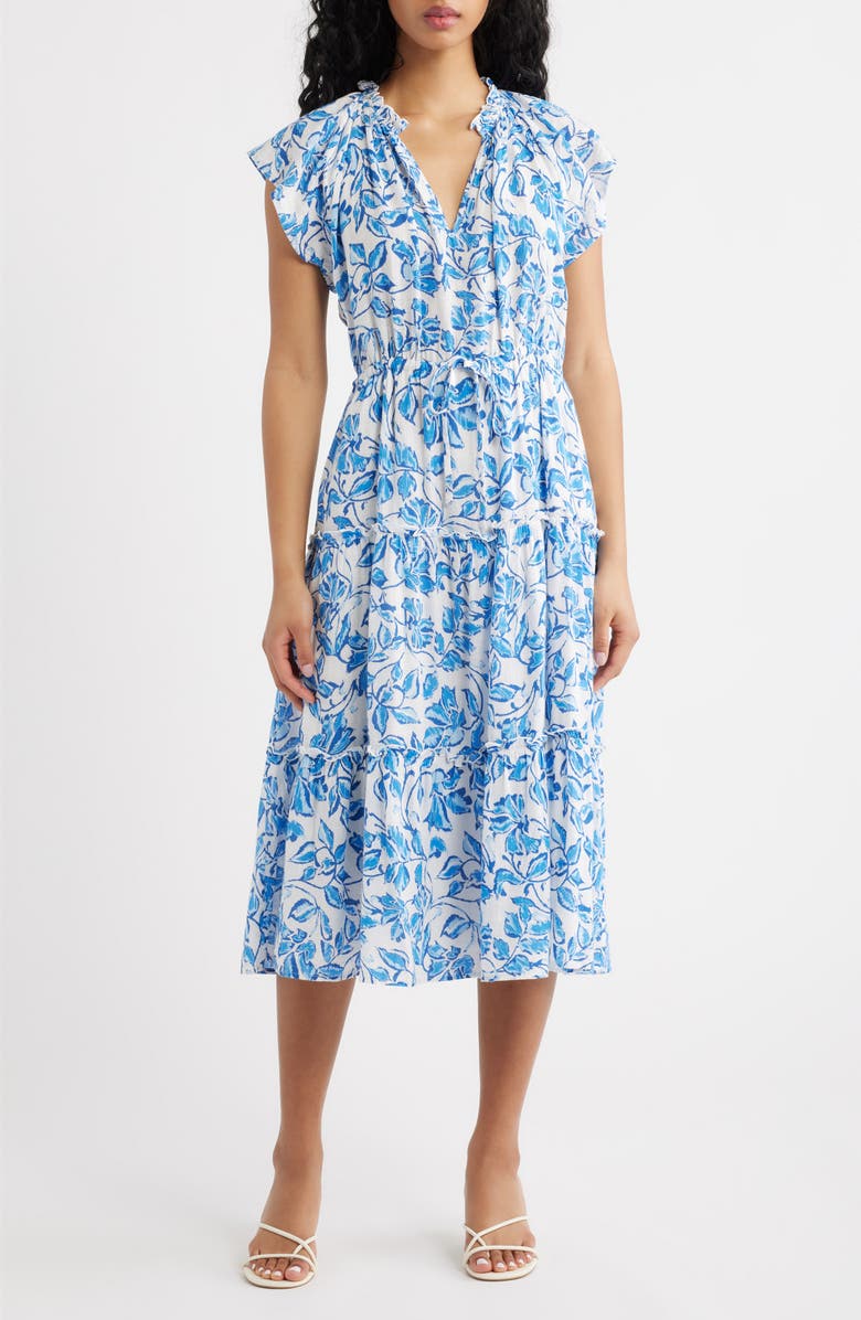 Rails Juni Floral Tie Waist Linen Blend Midi Dress, Main, color, Azure Jasmine