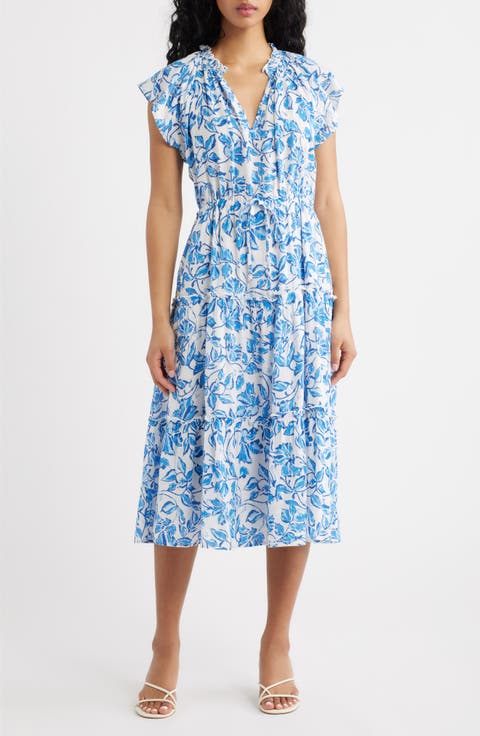 Juni Floral Tie Waist Linen Blend Midi Dress