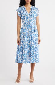 Rails Juni Floral Tie Waist Linen Blend Midi Dress