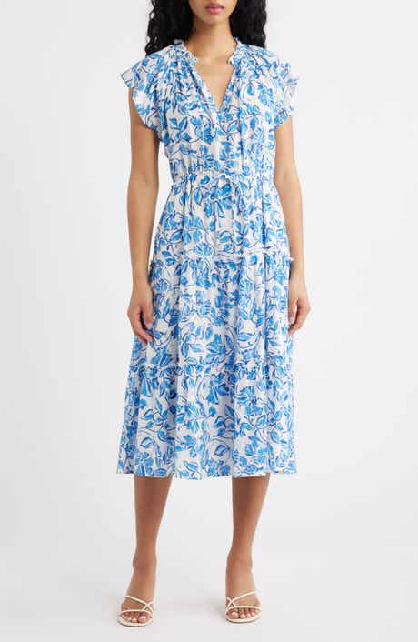 Juni Floral Tie Waist Linen Blend Midi Dress