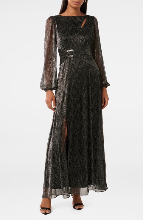Bridey Metallic Plissé Long Sleeve Belted Dress