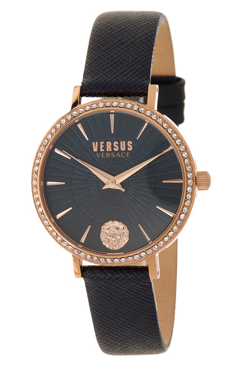 Mar Vista Swarovski Crystal Leather Strap Watch, 34mm, Main, color, IP ROSE GOLD