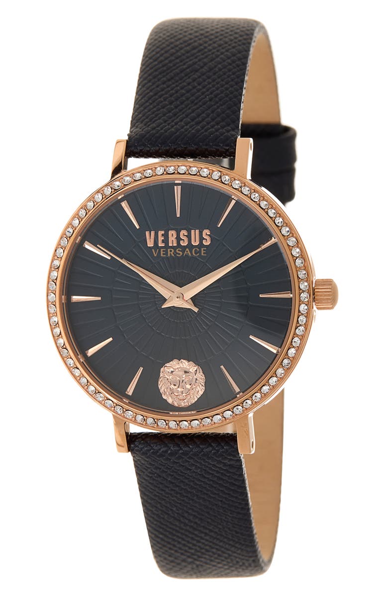 VERSUS Versace Mar Vista Swarovski Crystal Leather Strap Watch, 34mm, Main, color, Ip Rose Gold