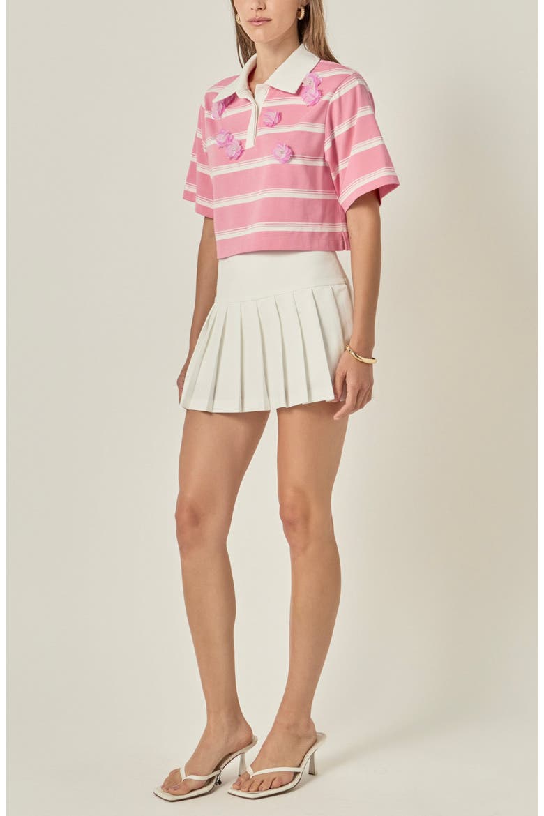 Floral Embellished Striped Polo T-Shirt, Alternate, color, PINK/ OFF WHITE