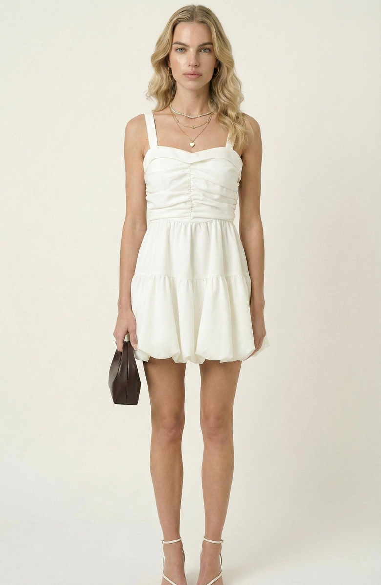 Modenaire Ruched Sweetheart Flared Mini Dress, Main, color, White / Ivory