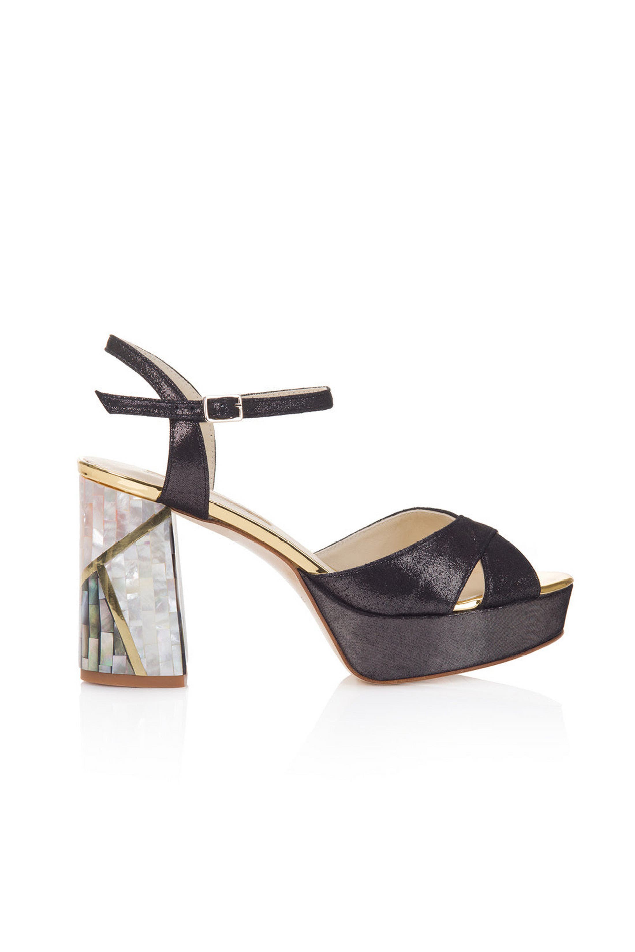 Freya Rose Zahra Noir Ankle Strap Pearl Heel Sandal, Main, color, Black Shimmer