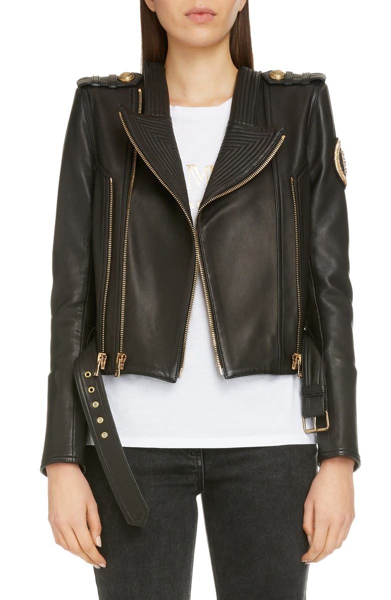 Balmain Epaulet Crop Leather Jacket, Main, color, 