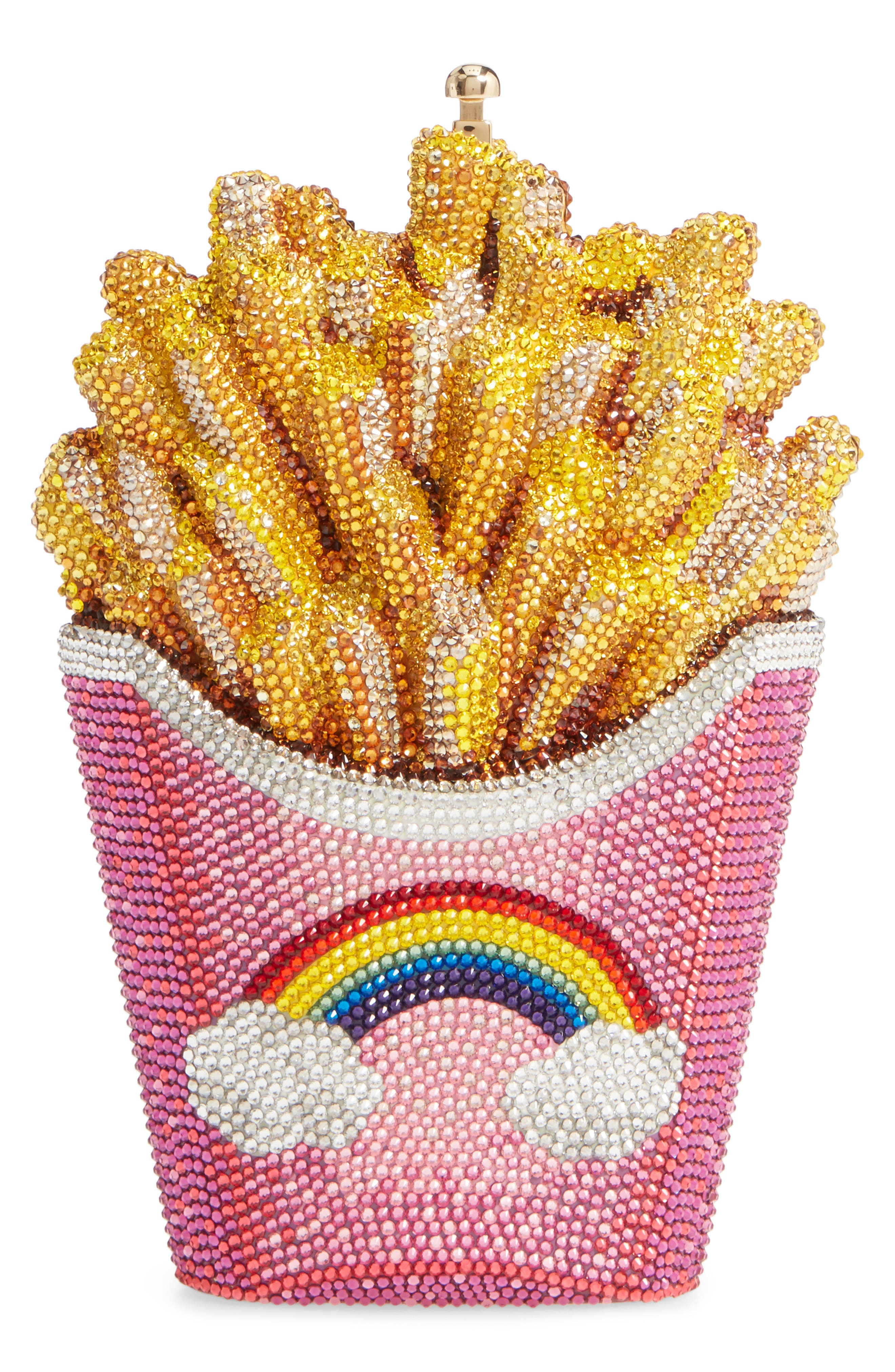 Judith Leiber Rainbow Fries Crystal Embellished Clutch, Main, color, 