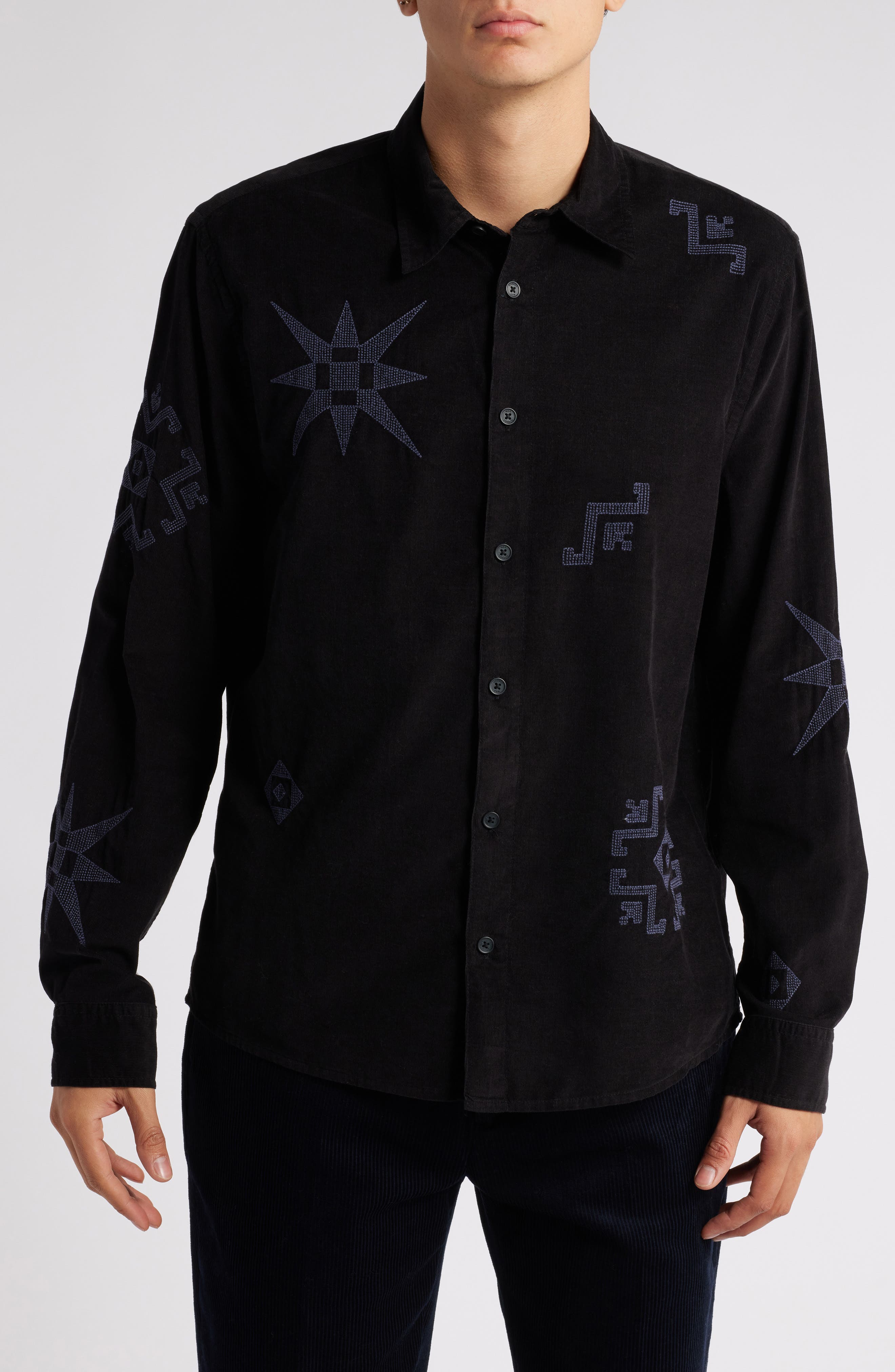 Wax London Geometric Pattern Corduroy Button-Up Shirt in Black 