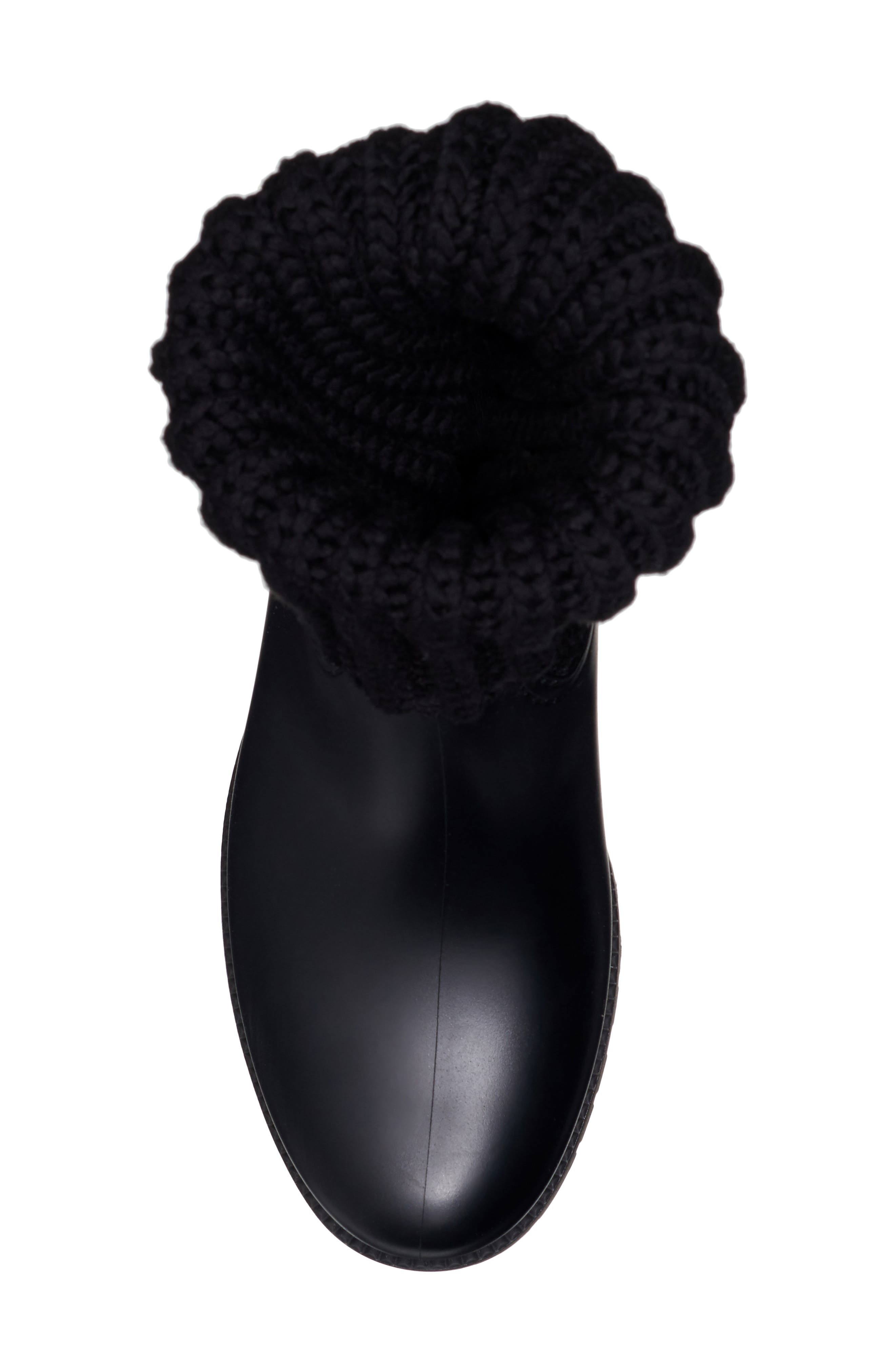 Ginette Knit Cuff Leather Rain Boot, Alternate, color, BLACK
