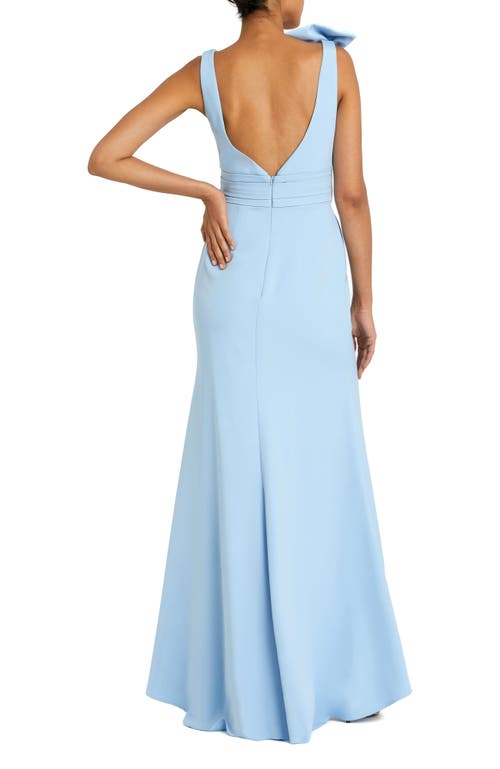 Mac Duggal Bow Shoulder V-neck Gown In Powder Blue