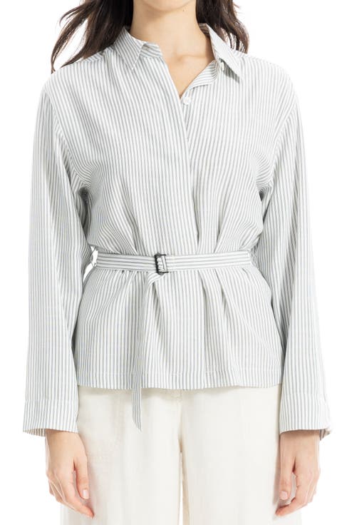 Stripe Belted Button-Up Shirt