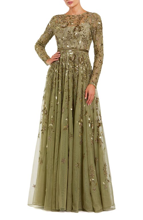 Mac Duggal Long Sleeve Hand Embellished Floral A-line Gown In Green
