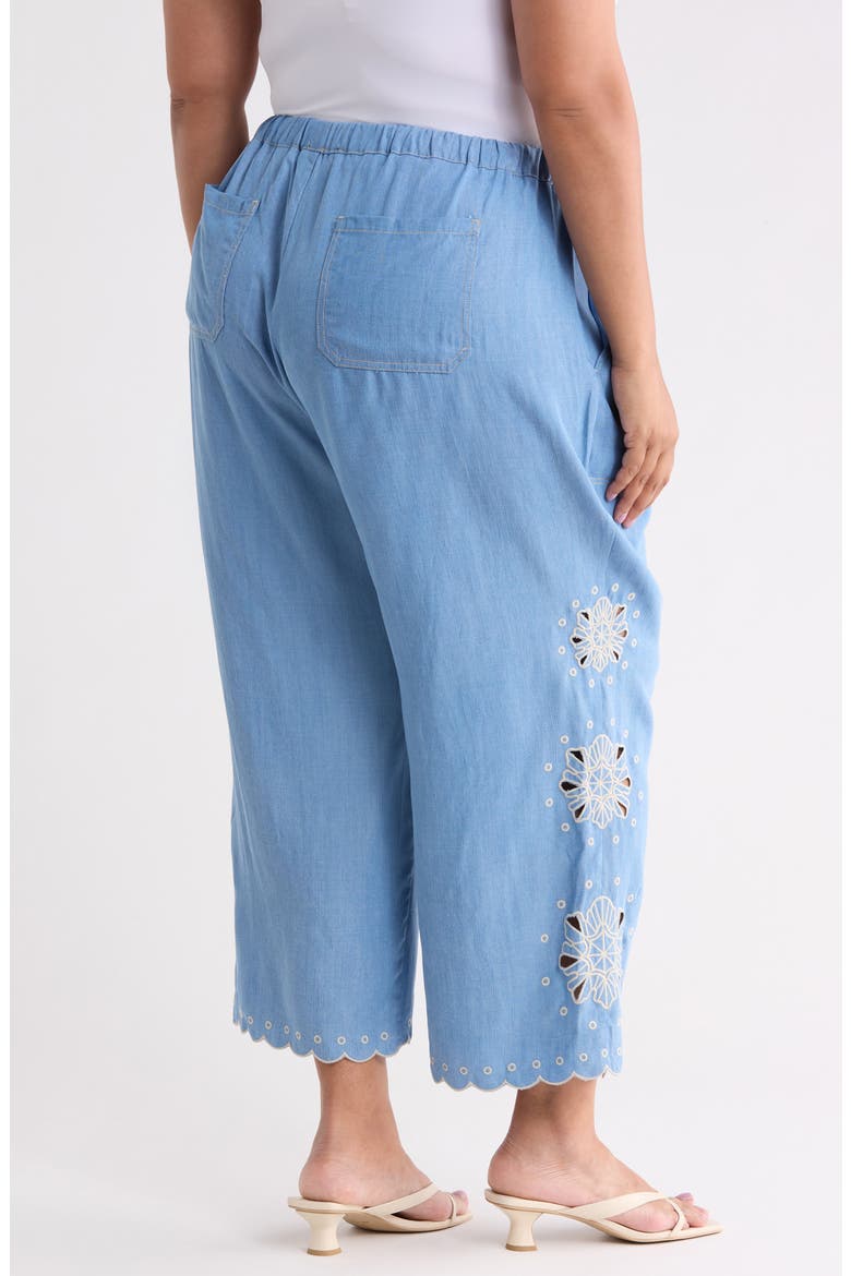 Eyelet Lace Trim Drawstring Pants, Alternate, color, WASHED DENIM/ CREAM