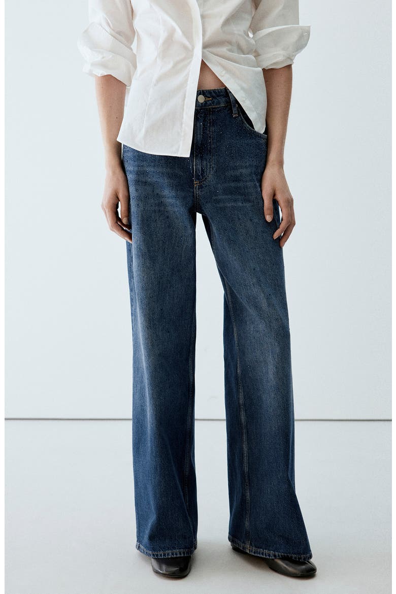 Rhinestone Mid Rise Wide Leg Jeans, Alternate, color, DARK BLUE