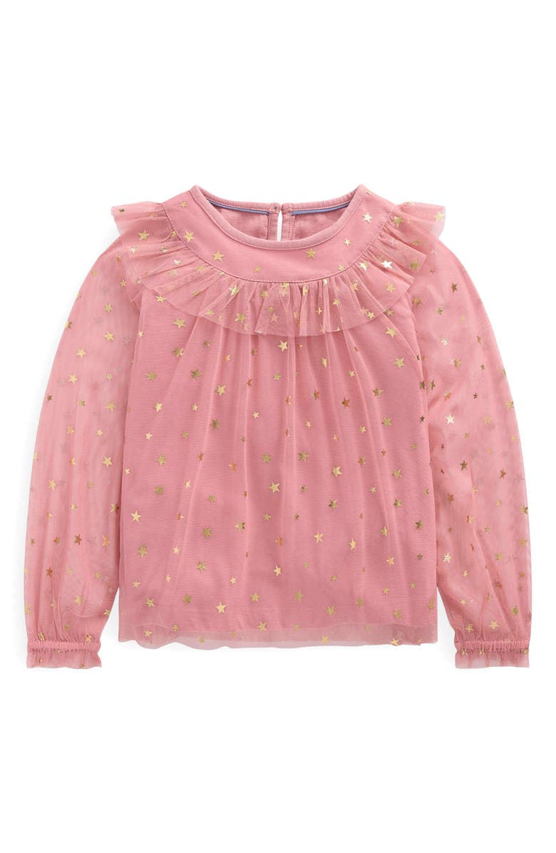 Mini Boden Kids' Foil Star Tulle Top, Main, color, Almond Pink Stars