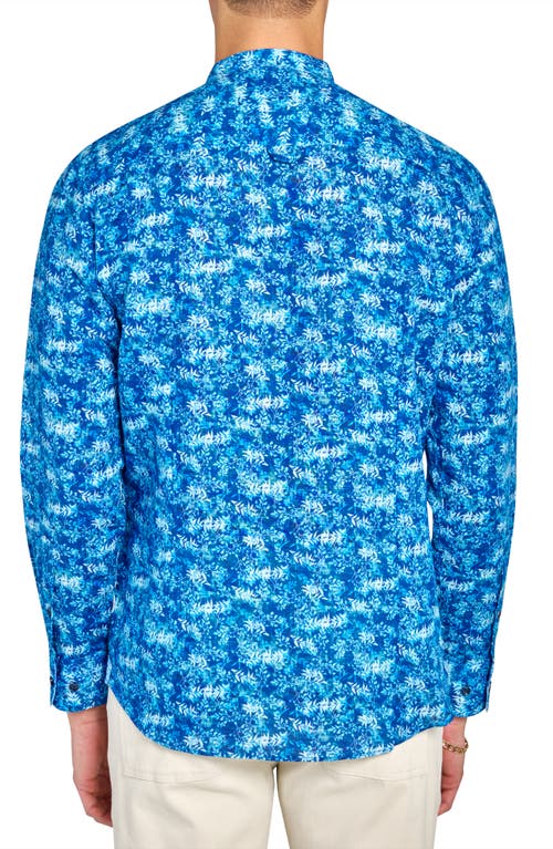 Brooklyn Brigade Abstract Leaves Mandarin Long Sleeve Shirt In Light Blue/navy
